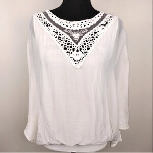 Carla Conti Silk/Cotton Dolman Sleeve Top w/ Embroidered Neckline in White Sz. L